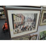 A large print after L S Lowry depicting a town procession