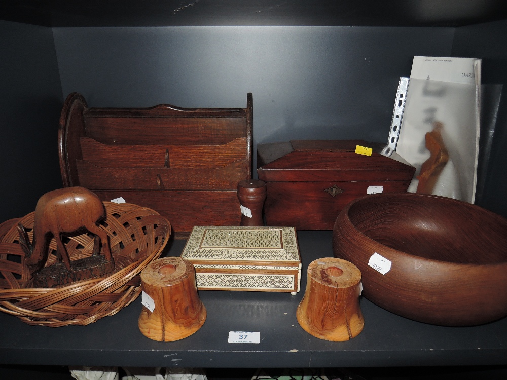 A good selection of wooden items including compartmented tea caddy and letter rack