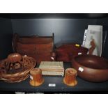 A good selection of wooden items including compartmented tea caddy and letter rack