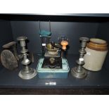 A selection of kitchen wares including stone ware jars and antique Clark and co Coffee mill