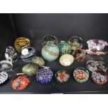 A selection of clear and colour glass paper weights including Caithness and Mdna
