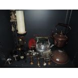 A selection ofmetal wares including stove kettle and companion set