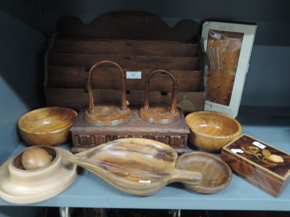 A Georgian oak letter rack and similar treen wood bowls and boxes