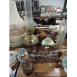 A selection of ceramics including Maling lustre ware and oil lamp