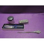 Four pieces of HM silver including two cut glass dressing table pots, a silver handled butter