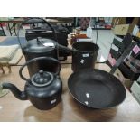 A good selection of kitchen stove ware items including J Albright Ulverston cast iron kettle and