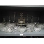 A selection of glassware including tazza, cruets, decanters
