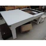 A convertable pool / dining table in white finish with nutmeg smart cloth and accessories