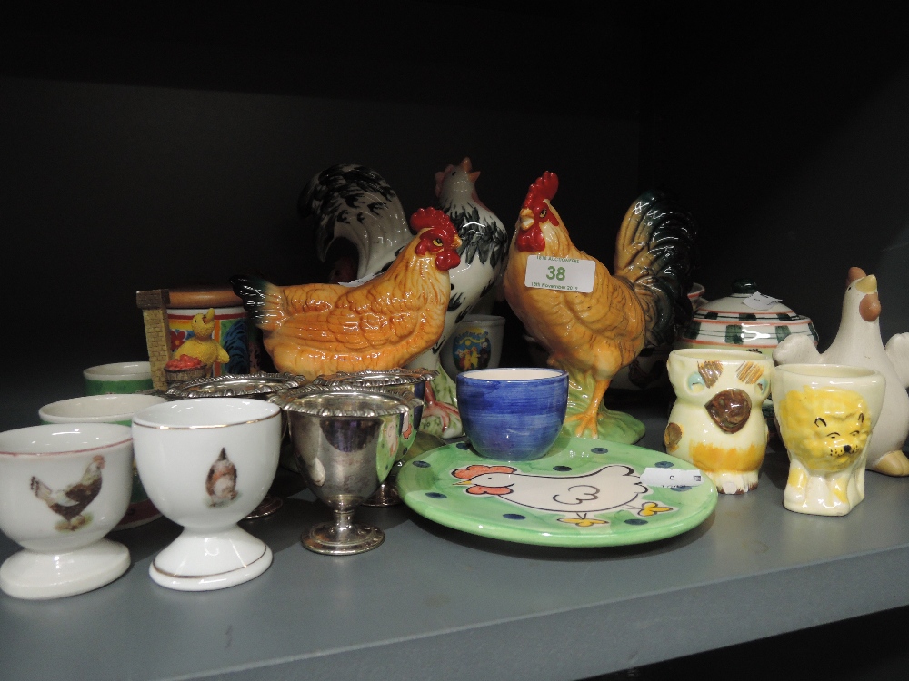 A selection of egg cups and chicken figures