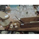 A selection of wooden treen items including advertising box and sleeve iron
