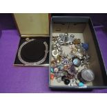 A selection of costume jewellery including cased diamante necklace, brooches, cufflinks, earrings