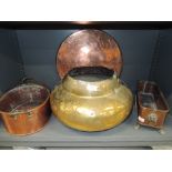 A selection of copper and brass wares including tray and steamer