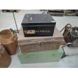 A selection of metal boxes and containers including Randall deed box