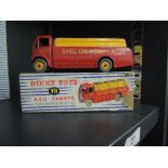 A Dinky Toys diecast, AEC Tanker having Shell Chemicals Limited decal in red and yellow with grey