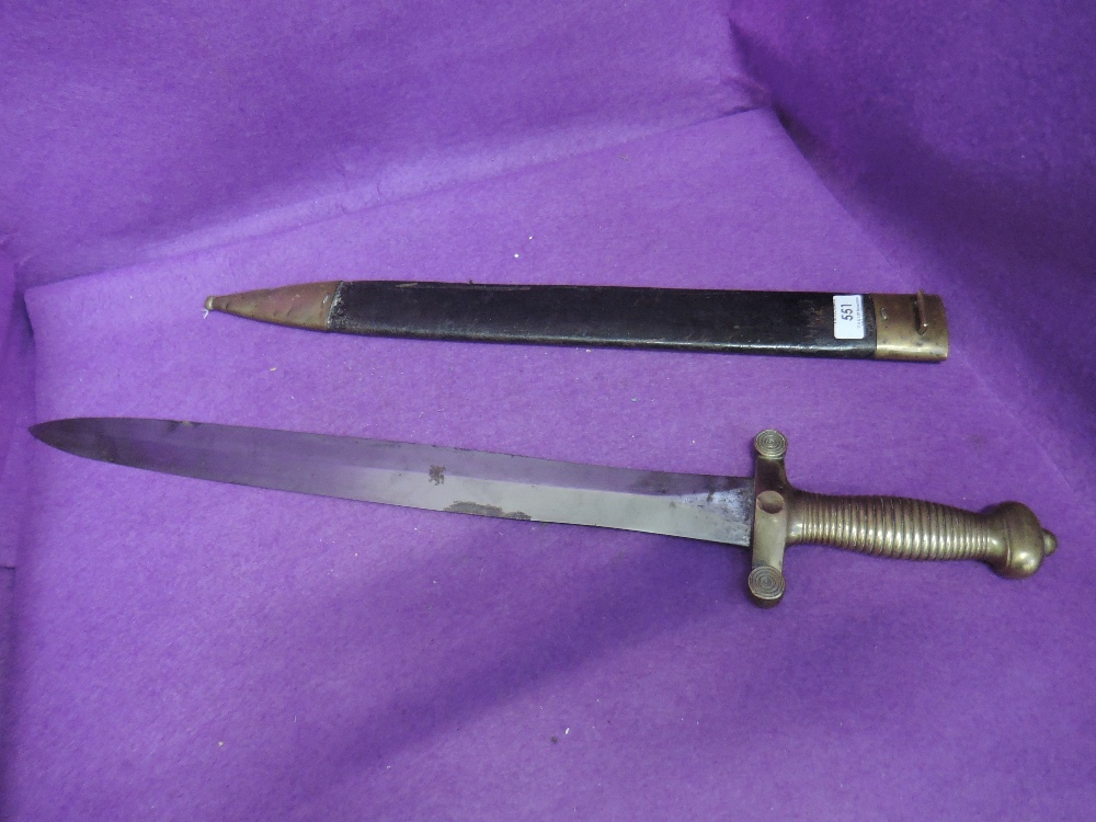 A French 1831 model artillery sword of Gladius pattern, double edged blade with leather and brass