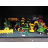 A box of modern diecasts and plastic vehicles including ERTL John Deere 6650 Combine Harvester,