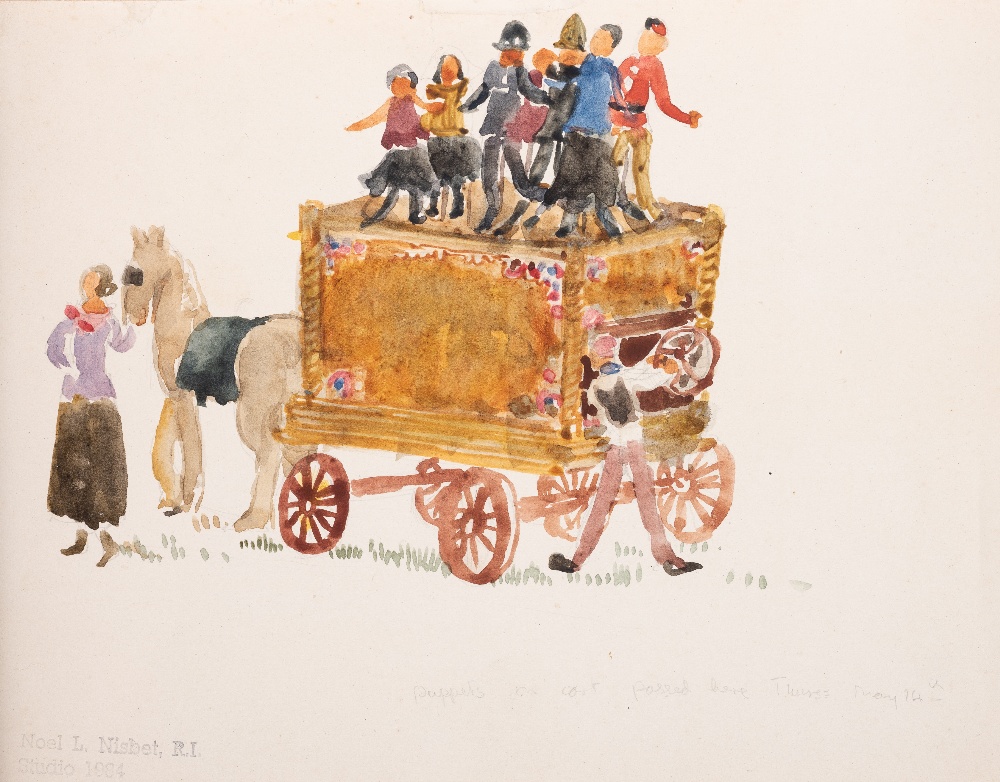 • NOEL LAURA NISBET (1887-1956) PUPPETS ON A CART titled & dated l.r., studio stamp l.l. watercolour