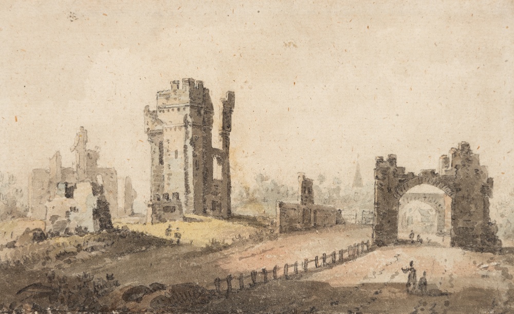 FOLLOWER OF JOSEPH MALLORD WILLIAM TURNER, R.A. (1775-1851) MEDIEVAL RUINS watercolour 11.5 x 18.8cm