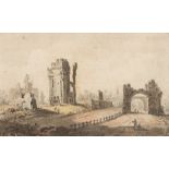 FOLLOWER OF JOSEPH MALLORD WILLIAM TURNER, R.A. (1775-1851) MEDIEVAL RUINS watercolour 11.5 x 18.8cm