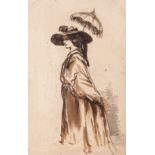 ATTRIBUTED TO CONSTANTIN GUYS (1802-1892) A LADY WITH A PARASOL india ink, pencil & wash 12.4 x 7.