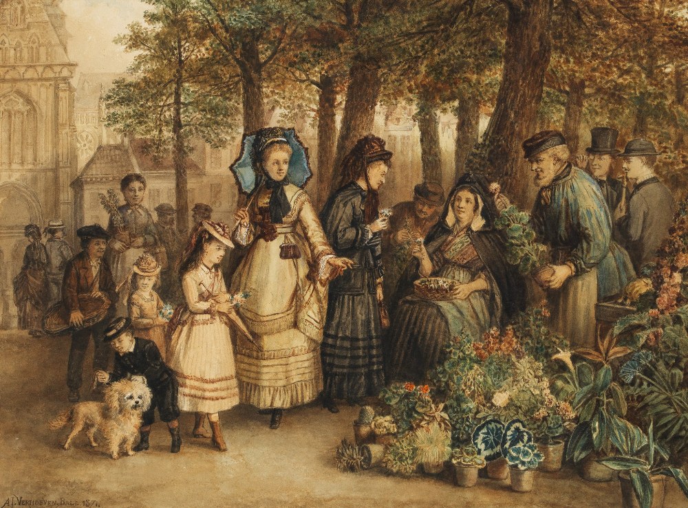 □ ADRIEN JOSEPH VERHOEVEN-BALL (1824-1882) THE FLOWER SELLER signed and dated l.l.: A.J. Verhoeven