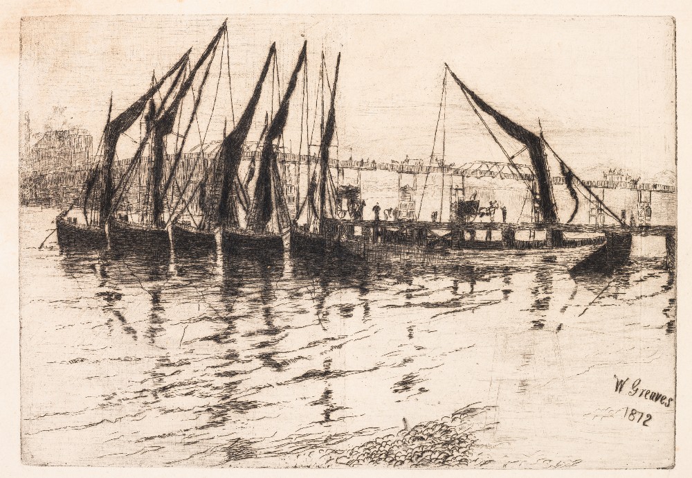 WALTER GREAVES (1846-1930) COAL BARGES UNLOADING signed & dated in plate W. Greaves 1872 etching