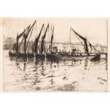 WALTER GREAVES (1846-1930) COAL BARGES UNLOADING signed & dated in plate W. Greaves 1872 etching