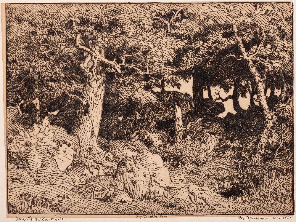 ÉTIENNE-PIERRE-THÉODORE ROUSSEAU (1812-1867) OAK AMONG BOULDERS (1861) etching Plate: 13.4 x 21.