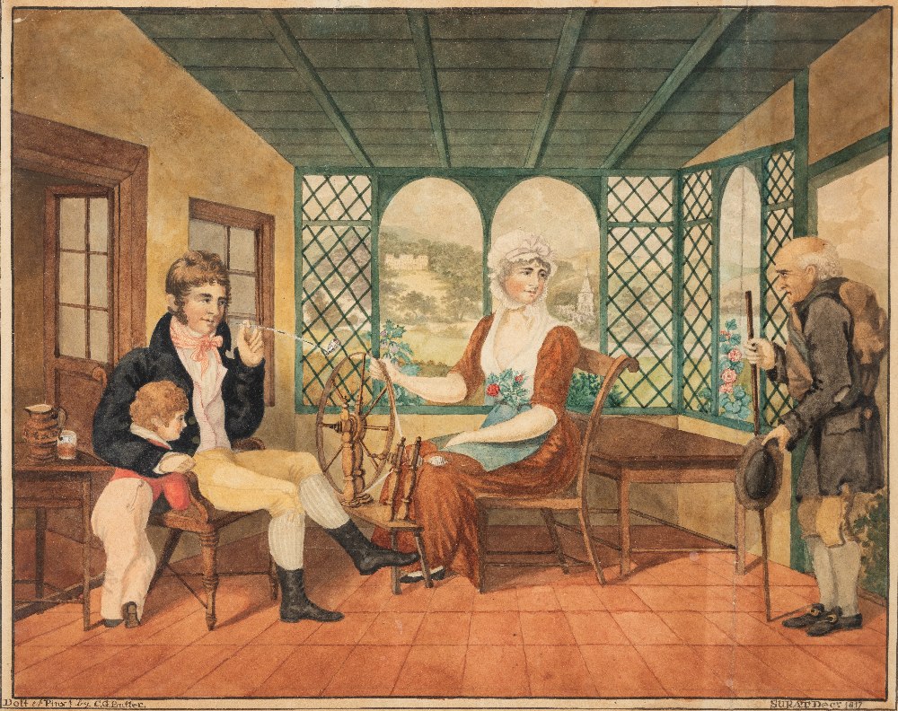 MAJOR C.G. BUTTER (d.1824) A DOMESTIC SCENE IN SURAT, GUJURAT watercolour 23.5 x 29.5cm / 9 1/4 x 11