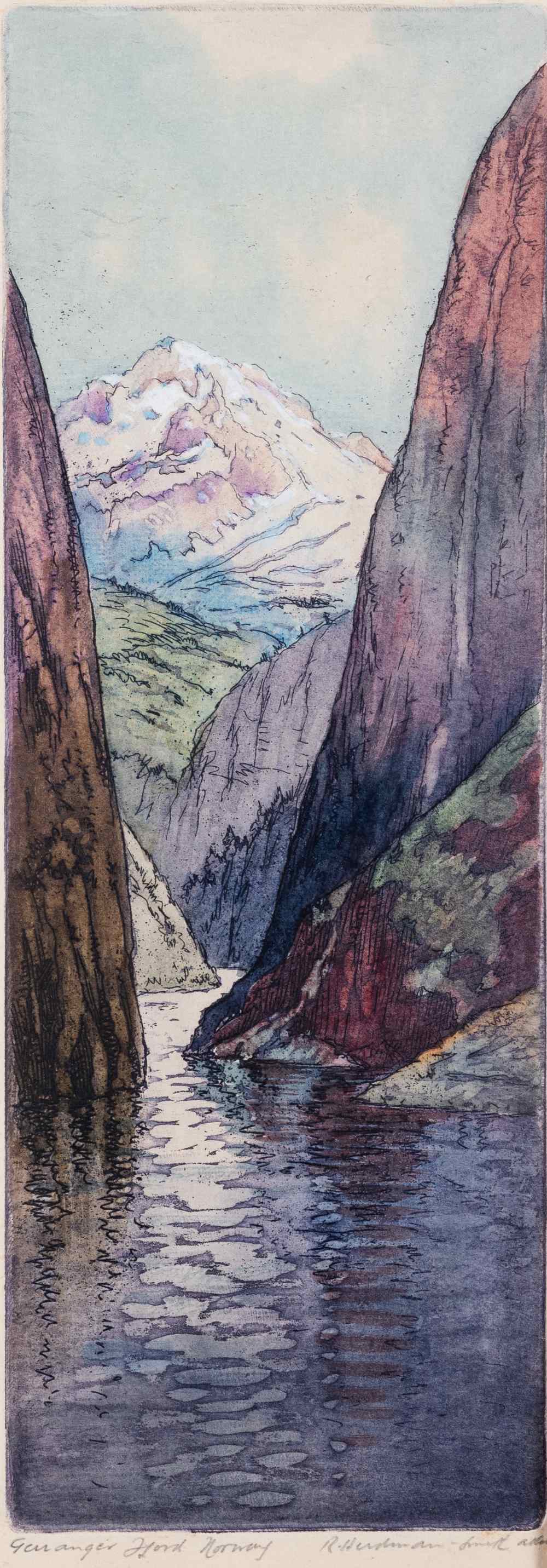 □ ROBERT HERDMAN SMITH (1879-1945) GERAINGER FJORD, NORWAY titled & signed beneath plate woodcut