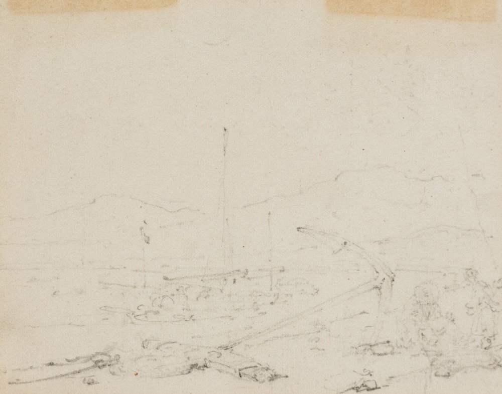 GEORGE CHINNERY (1774-1852) A SHIP MOORED OFF THE CHINESE COAST pencil on paper 9.5 x 12.0cm / 3 3/4