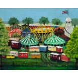 • □ JULIET CAMPBELL (20th CENTURY) THE FAIR AT RYE, 1961 titled on backboard signed l.l. oil on