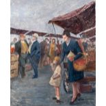 • EVELYN PAIGE (fl.1960-1975) A MOTHER AND CHILD AT THE MARKET signed on back of canvas oil on