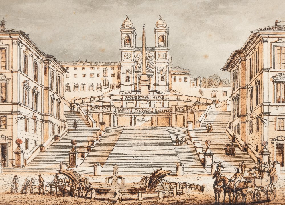 AFTER DOMENICO AMICI PIAZZA DI SPAGNA engraving with hand colouring Sheet: 12.5 x 17.0cm / 5 x 6 3/