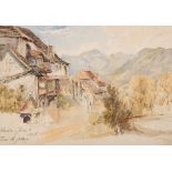 BRITISH SCHOOL (19th CENTURY) VIEW OF EVIAN FROM THE VALLEY titled & dated l.l. 1856 watercolour