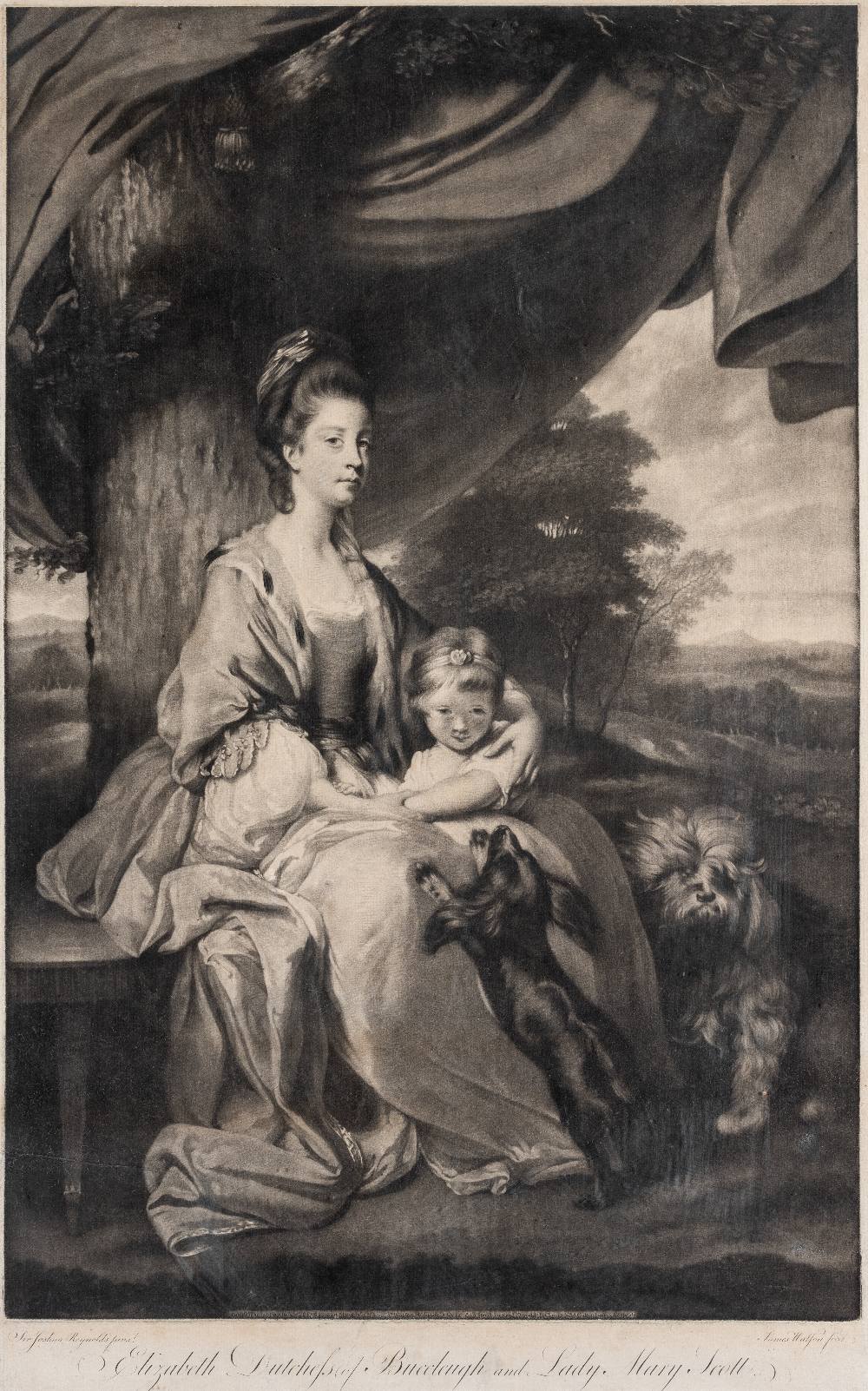 □ AFTER SIR JOSHUA REYNOLDS, P.R.A. THE DUCHESS OF BUCCLEUGH including a modern reproduction print