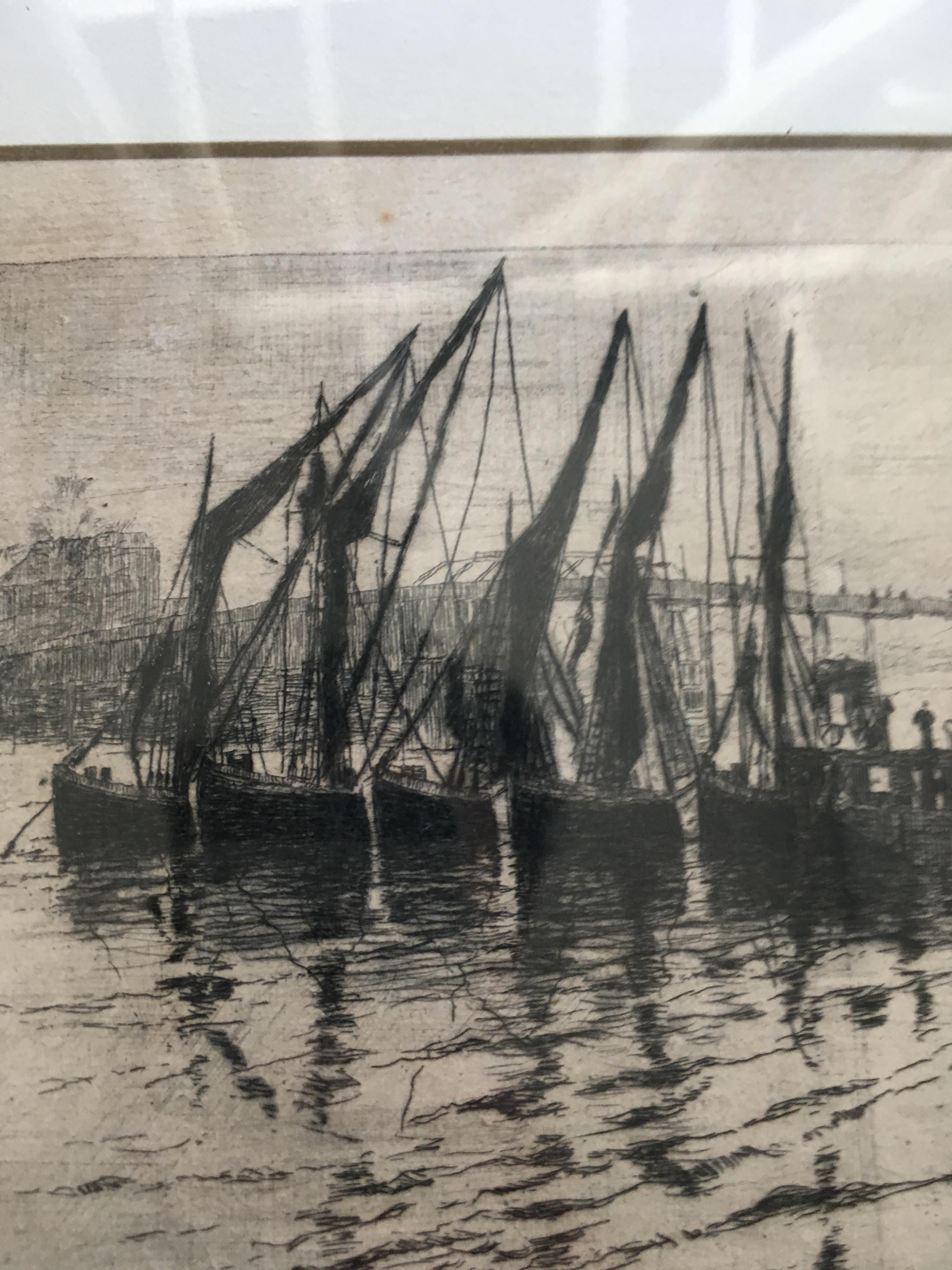 WALTER GREAVES (1846-1930) COAL BARGES UNLOADING signed & dated in plate W. Greaves 1872 etching - Image 2 of 4