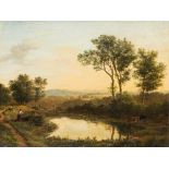 EDMUND GILL (1820-1894) A LANDSCAPE AT SUNSET signed & dated l.r. 1856 numbered l.r. 433 oil on