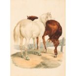 FRENCH SCHOOL (19th CENTURY) TWO HORSES IN A PADDOCK watercolour 23.0 x 32.5cm / 9 x 12 3/4in