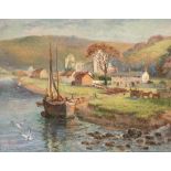 JEHU JOHN WHITCOMBE (1872-1918) SHIPBUILDING BY A RIVER WITH A DISTANT RUINED CHURCH signed l.l. oil