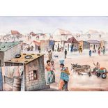 • PHOSOKO DAVID MOGANO (1932-2000) A DONKEY CART IN A TOWNSHIP signed l.l. PD Mogano watercolour