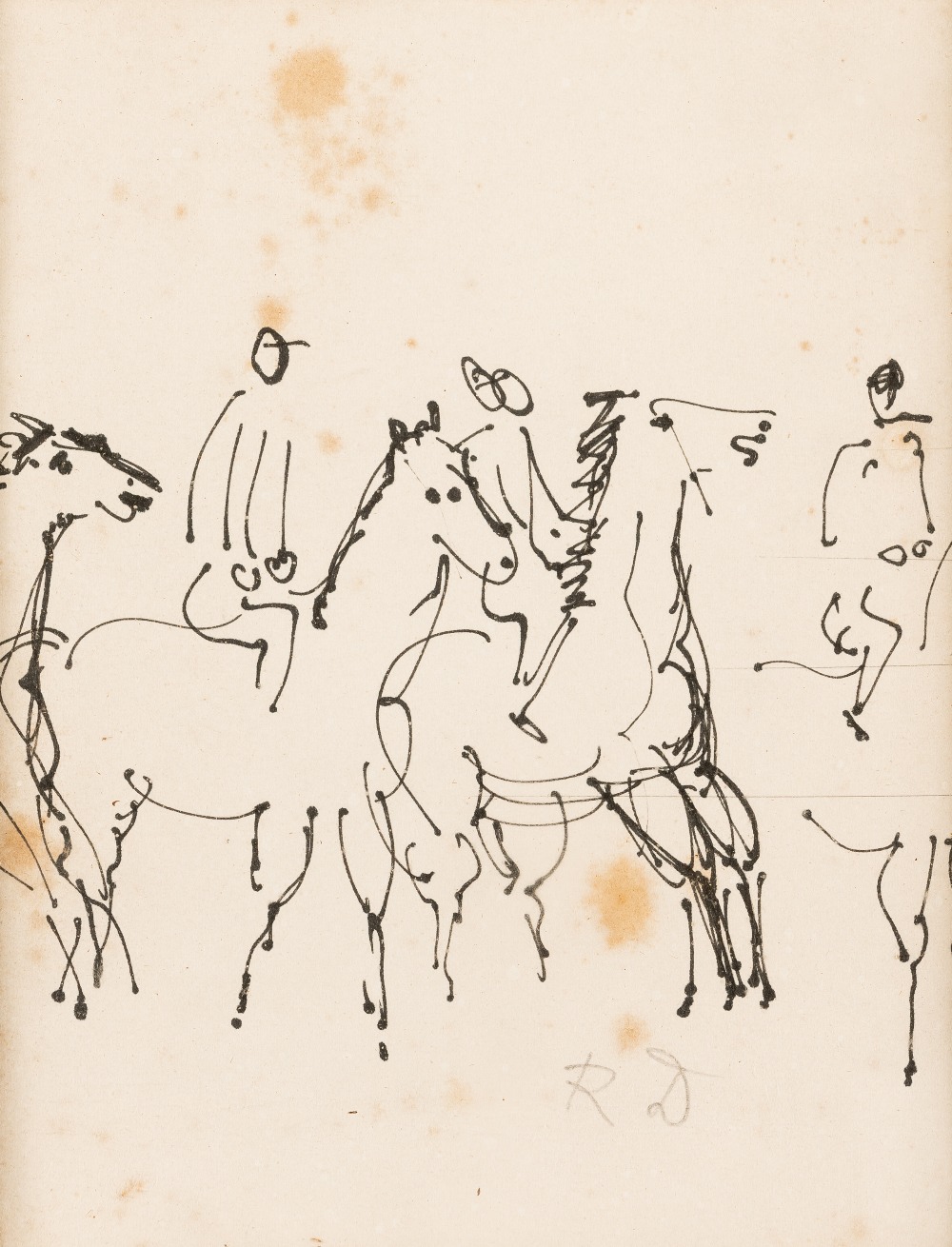 • ATTRIBUTED TO RAOUL DUFY (1877-1953) JOCKEYS AND THEIR HORSES pen and ink 17.8cm x 14.0cm / 7 x