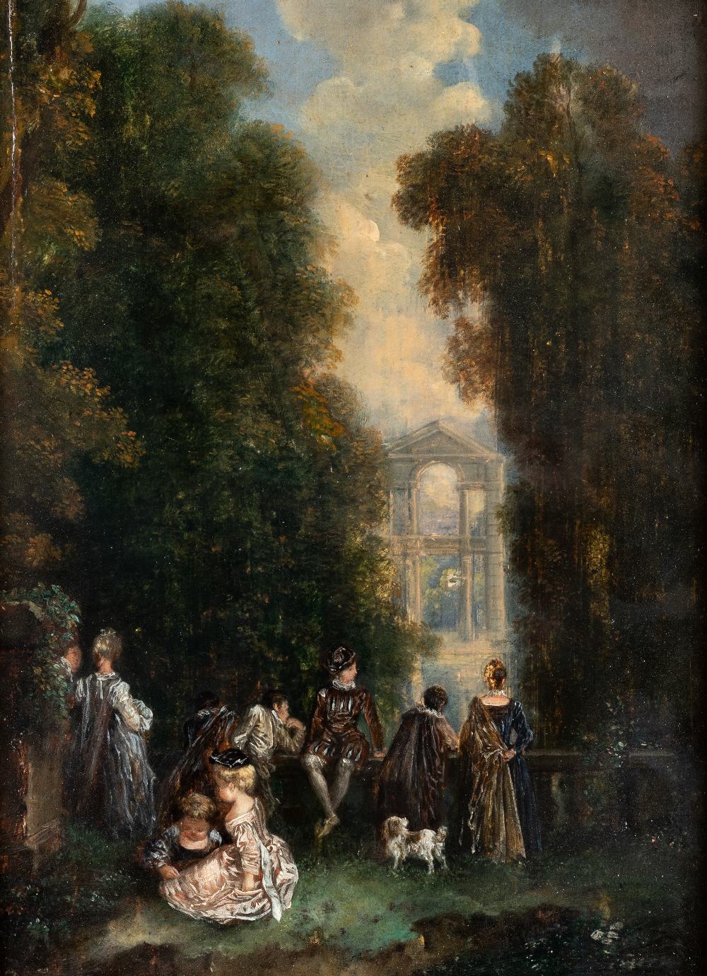 AFTER JEAN-ANTOINE WATTEAU LA PERSPECTIVE oil on panel 21.9 x 16.0cm / 8 3/5 x 6 1/4in The present