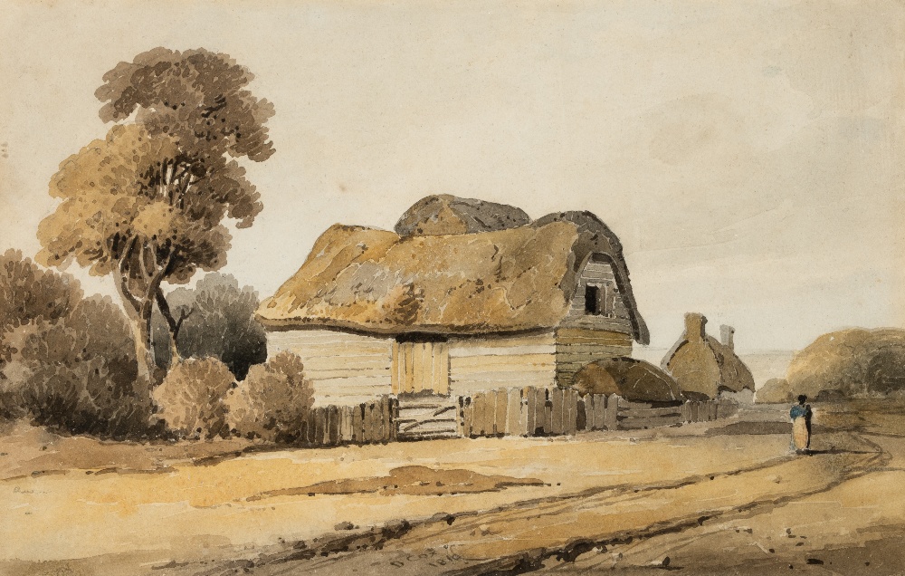 DAVID COX SR., O.W.S. (1783-1859) A THATCHED BARN NEAR FORTON, LANCASHIRE signed l.l. titled on