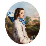 FOLLOWER OF AUGUSTUS LEOPOLD EGG, R.A. (1816-1863) PORTRAIT OF A GIRL IN A BLUE BONNET oil on canvas