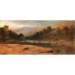 ALFRED TRUSTED (19th CENTURY) PADDLING DOWN A RIVER AT SUNSET signed l.l. & on backboard oil on