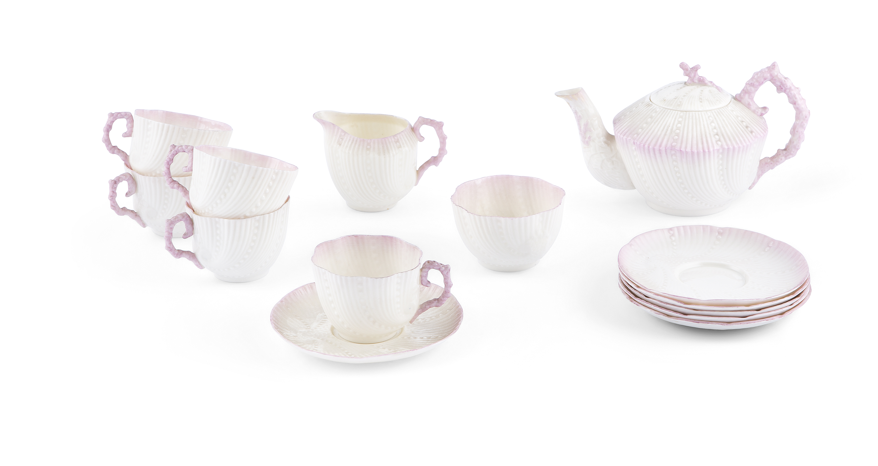 A SELECTION OF BELLEEK SECOND PERIOD BLARNEY PATTERN PINK TINTED TEA WARE, (D567), comprising a