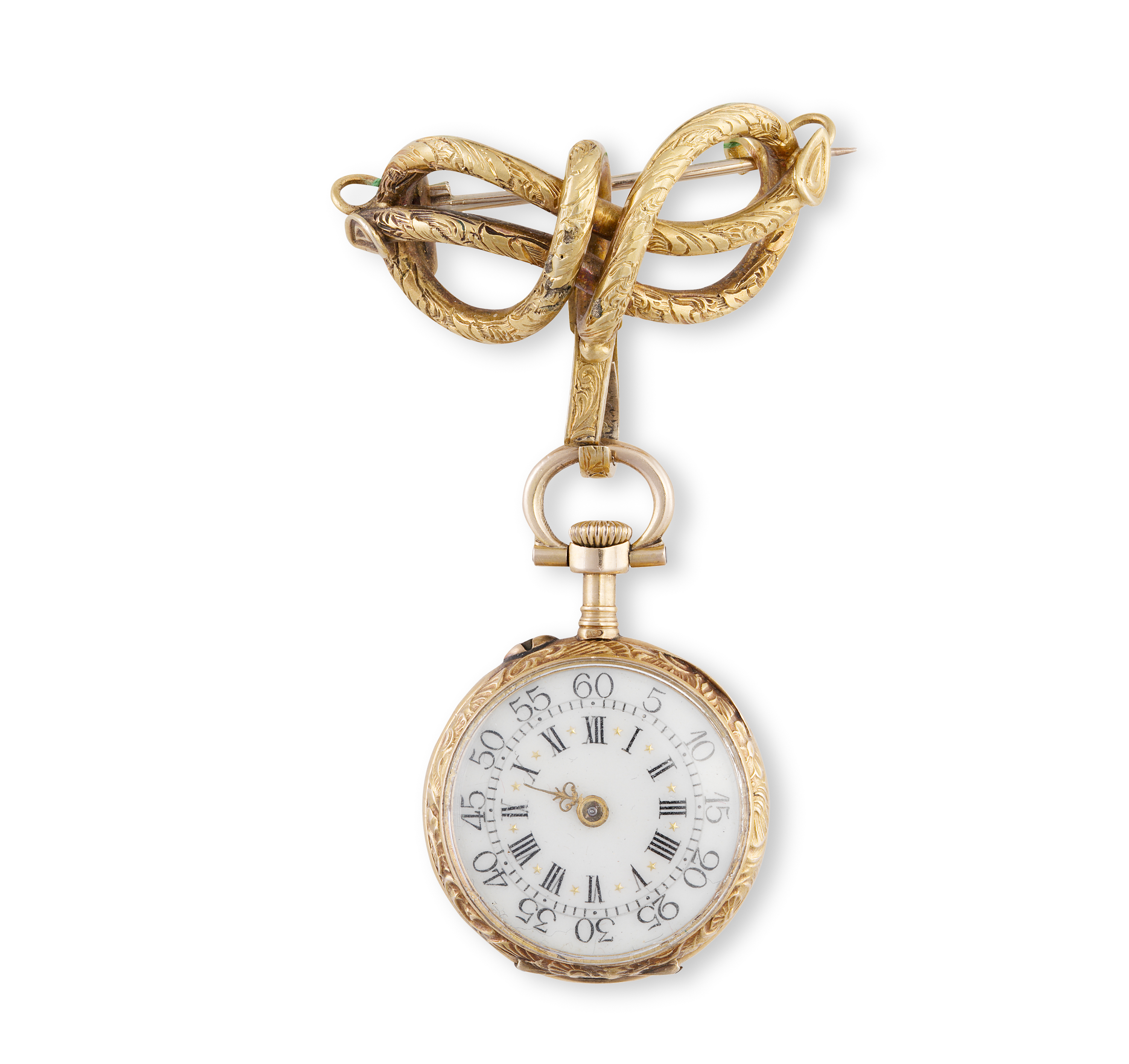 A LATE 19TH CENTURY FRENCH LADIES GOLD AND DIAMOND POCKET WATCH, suspended from an engraved and