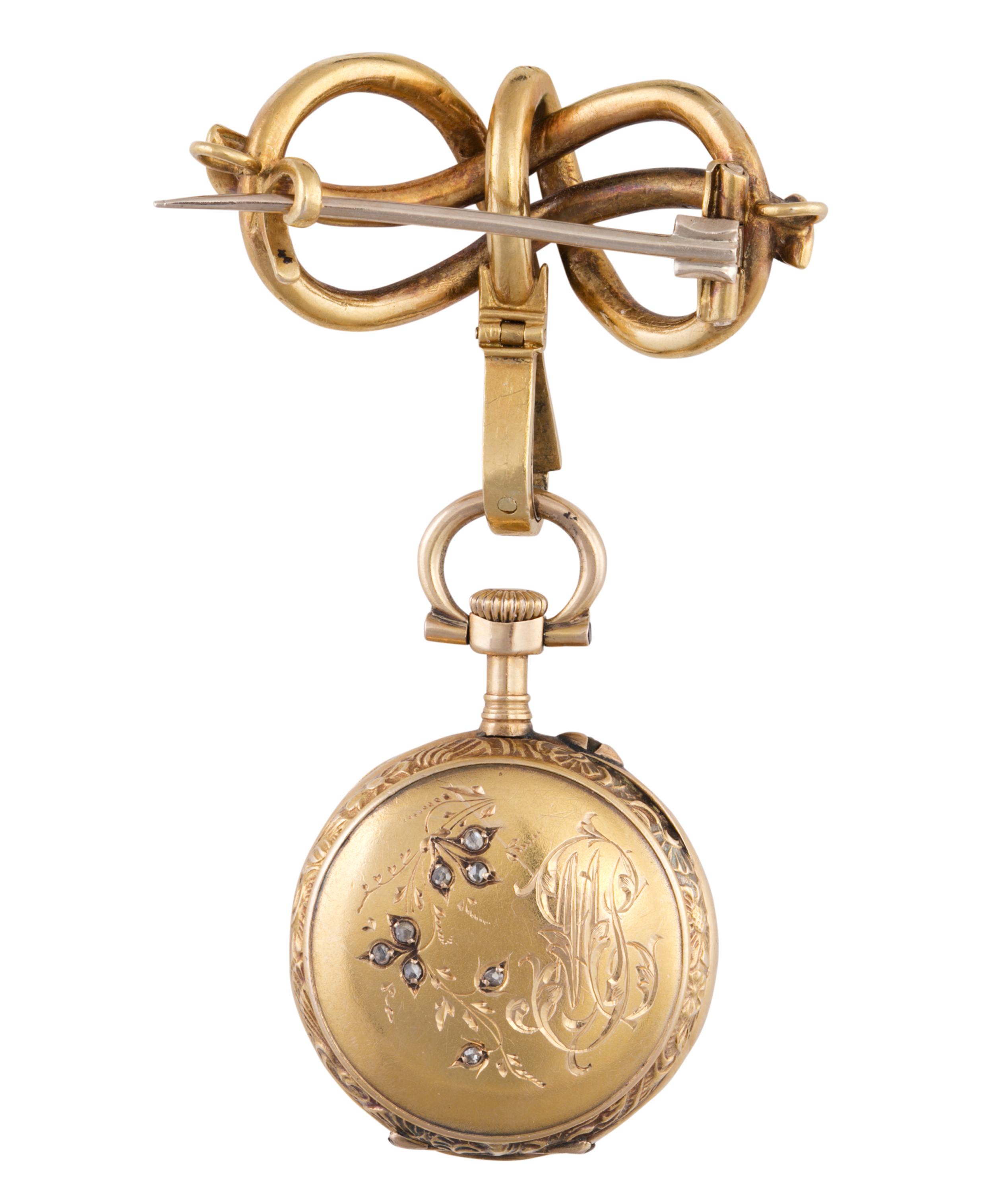 A LATE 19TH CENTURY FRENCH LADIES GOLD AND DIAMOND POCKET WATCH, suspended from an engraved and - Image 2 of 2