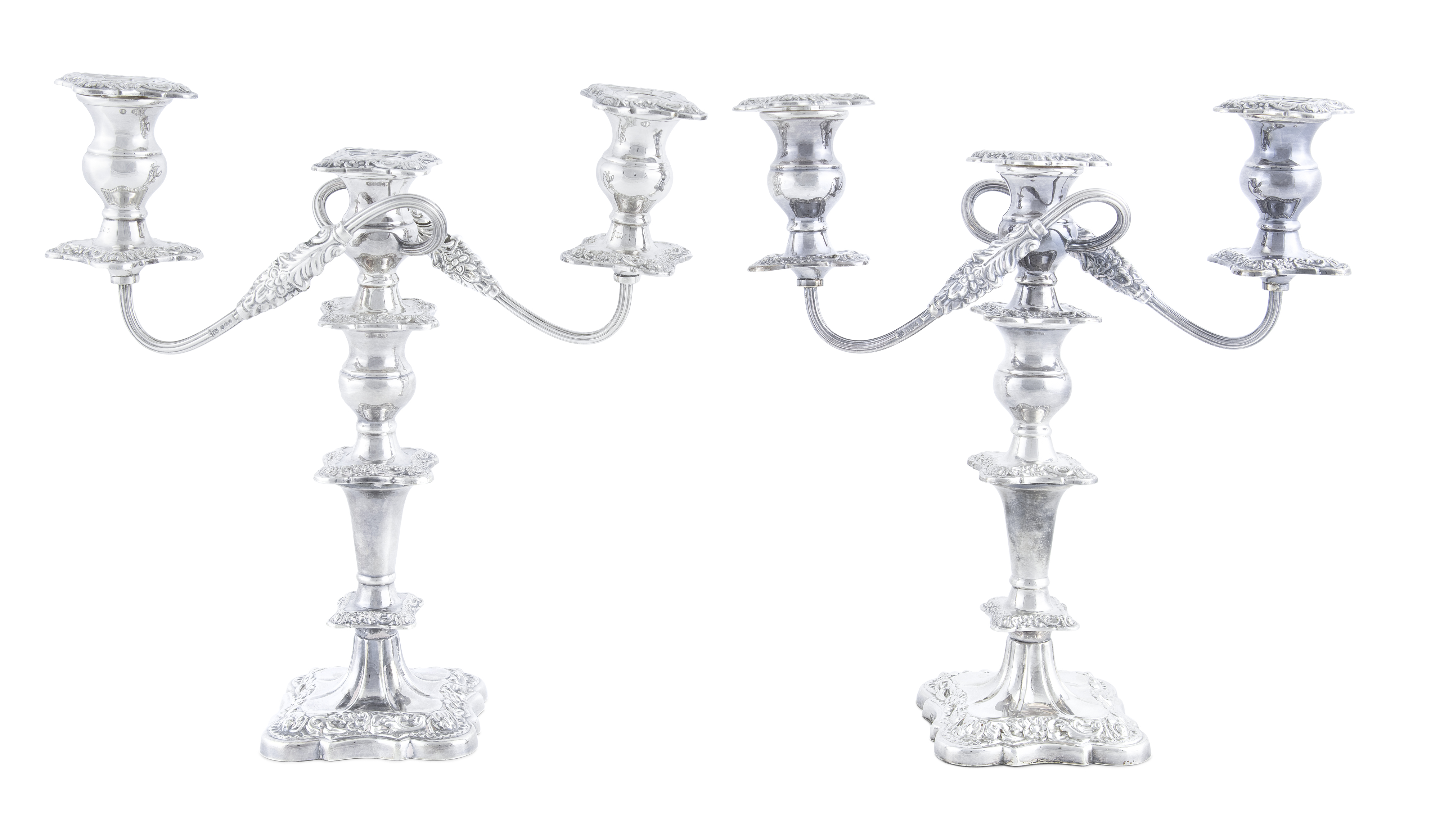 A PAIR OF SILVER THREE LIGHT CANDLEABRA, Sheffield 1938-1939, with foliate cast detachable